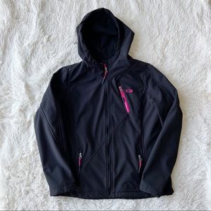 CB black zip front fleece lined jacket with hood pink accents Size XL